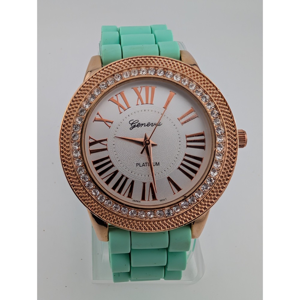 Geneva Platinum Watch Women‎ 43mm Rose Gold Case Mint Silicone Band- New Battery